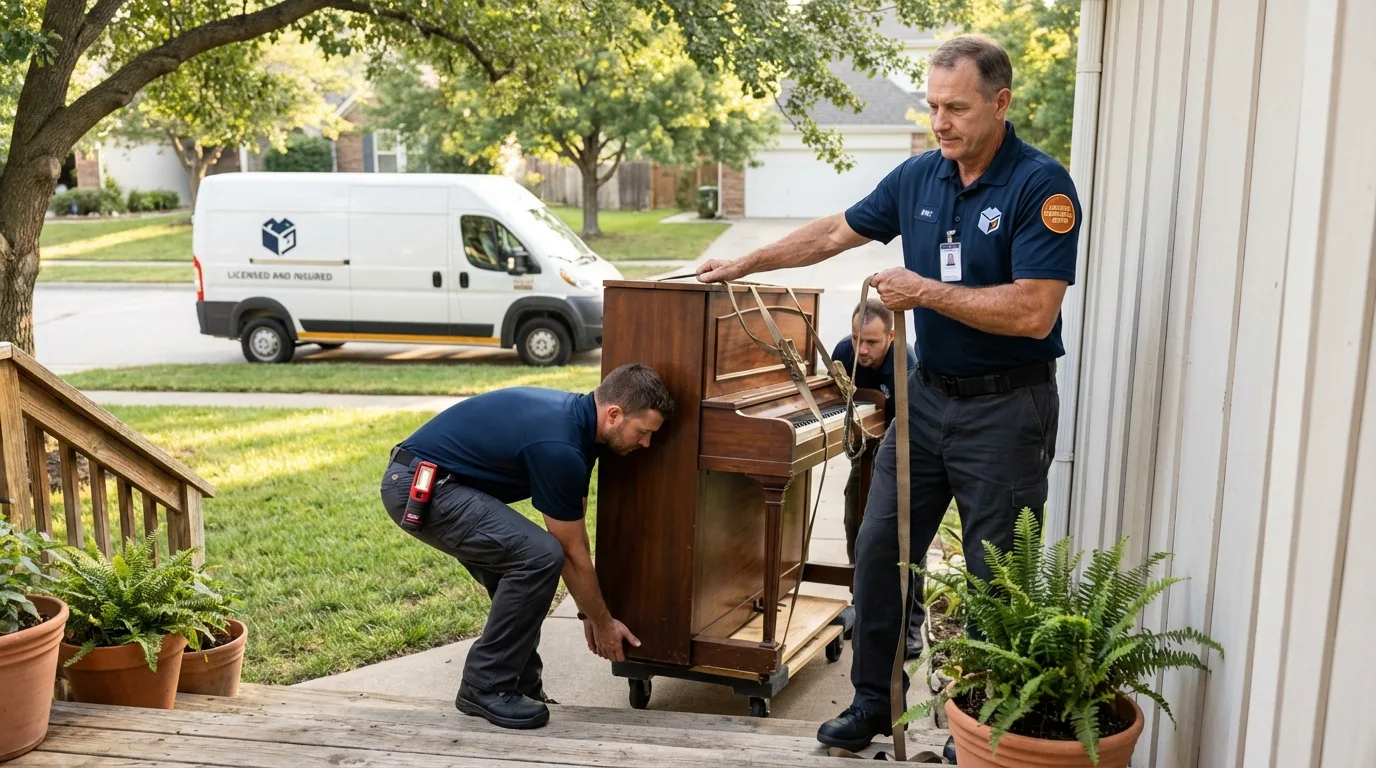 Licensed piano movers securing grand piano in Ford City, PA