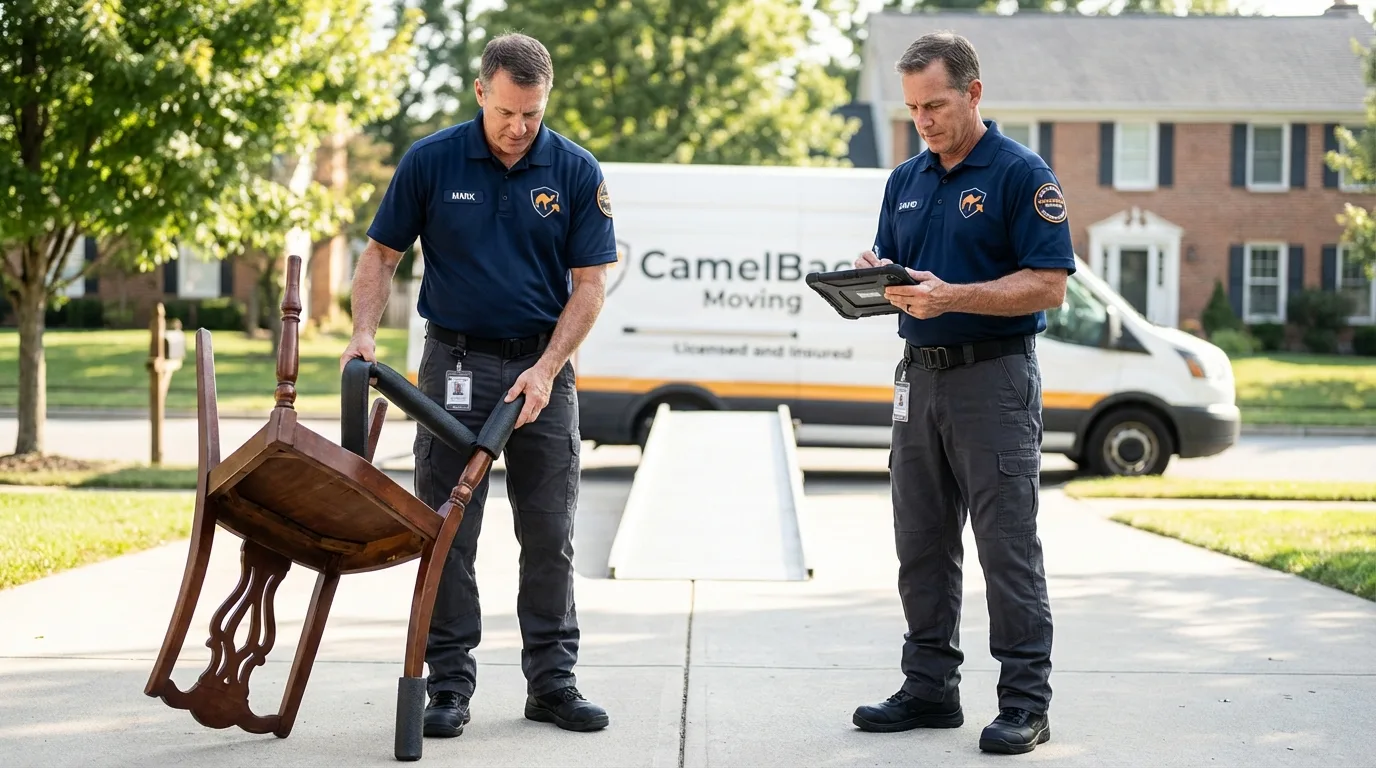 Movers inspecting furniture for damage prevention before loading in Ford City, PA