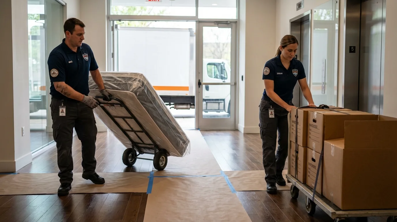 Professional apartment movers loading elevator in Ford City, PA