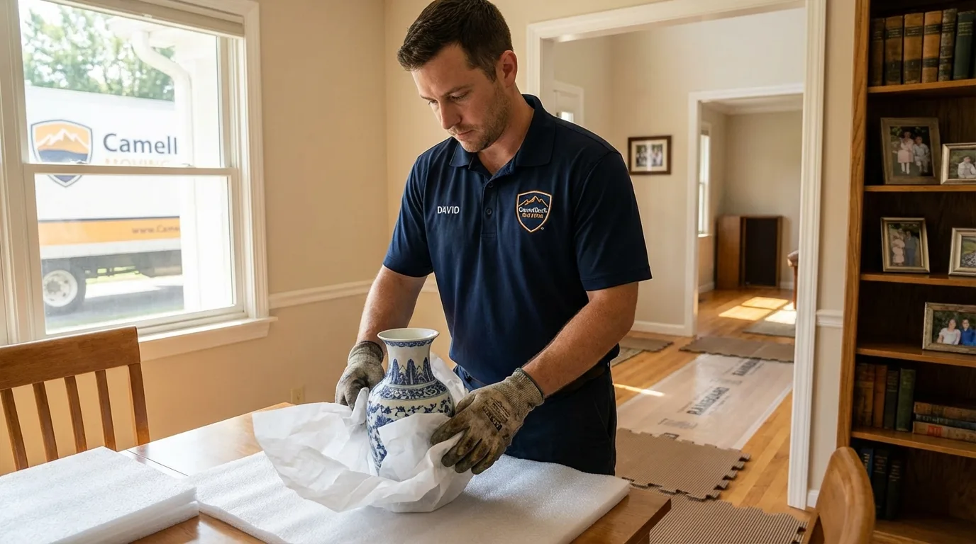 Professional crew carefully wrapping antique vase for senior downsizing move in Ford City, PA